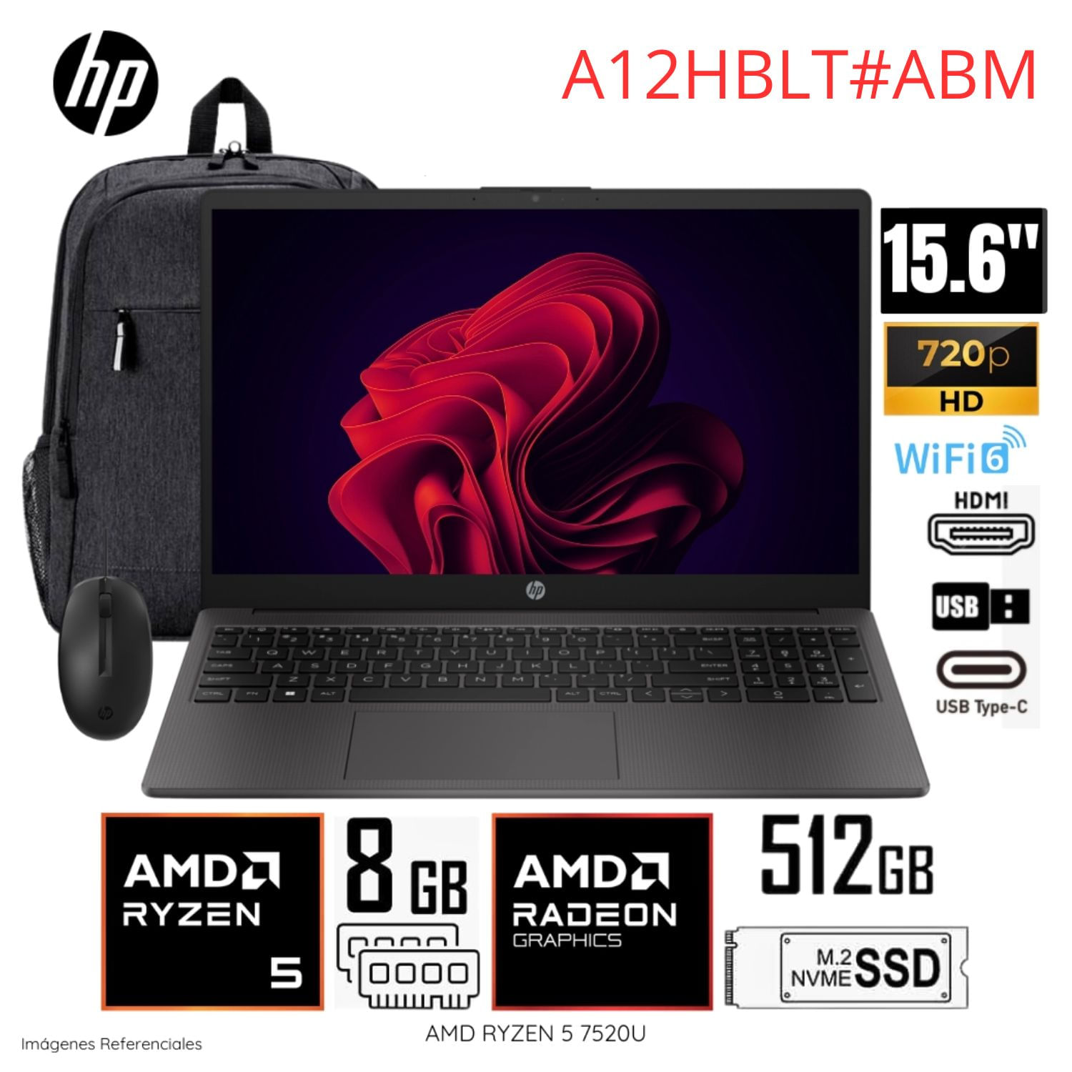 Laptop HP 255 G10 AMD Ryzen5-7520U 8GB RAM 512GB SSD más Mochila y Mouse HP - A12HBLT
