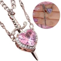 Collar de Pareja Corazon y Espada Plateado Diseño Unico Rosa con Circonia