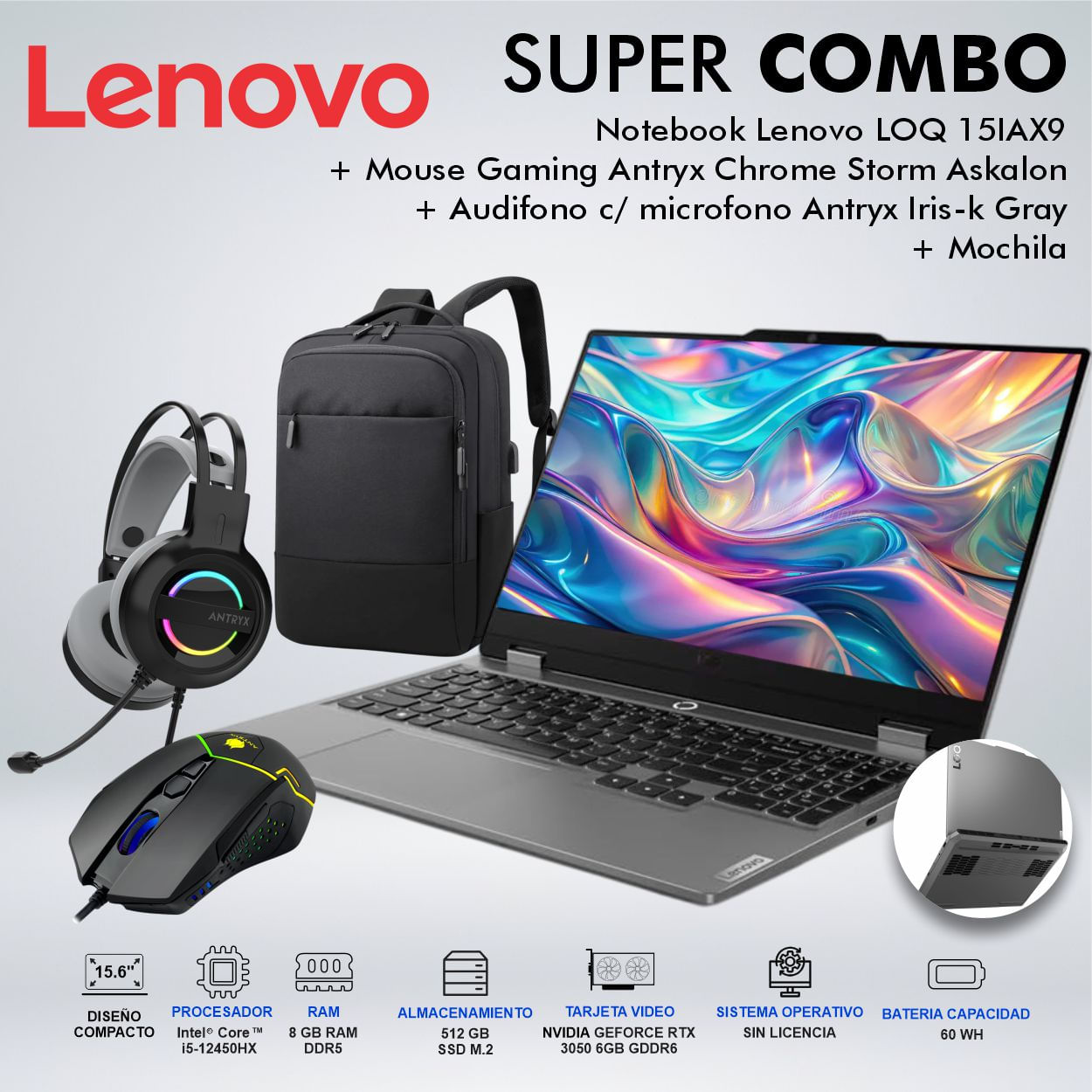 LAPTOP LENOVO LOQ 15IAX9 CORE i5-12450HX MEMORIA 8GB DISCO 512GB SSD M2 83GS006WLMCDSPE
