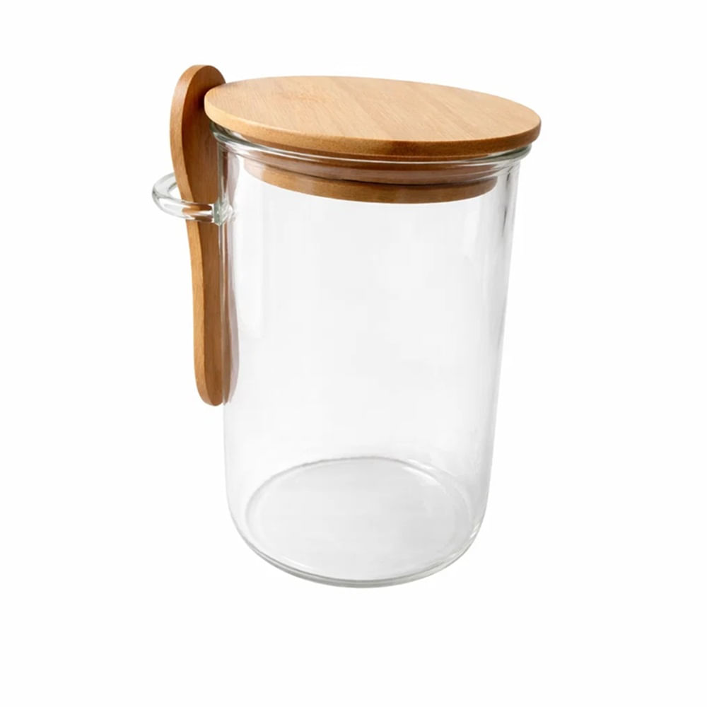 Frasco Hermético de Vidrio con Tapa de Bambú y Cuchara Lateral - Contenedor Multiuso para Cocina