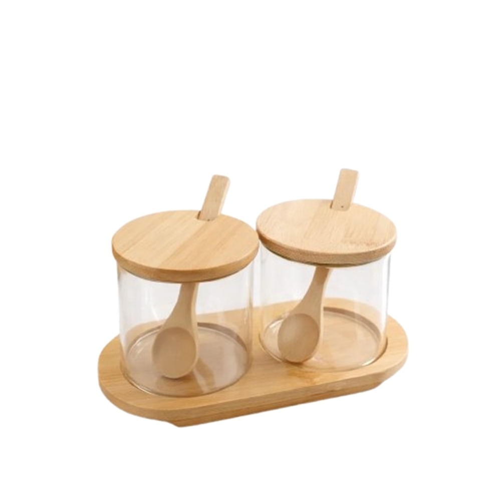 Condimentero Doble de Vidrio con Tapa y Base de Bambú  Mas Cucharas