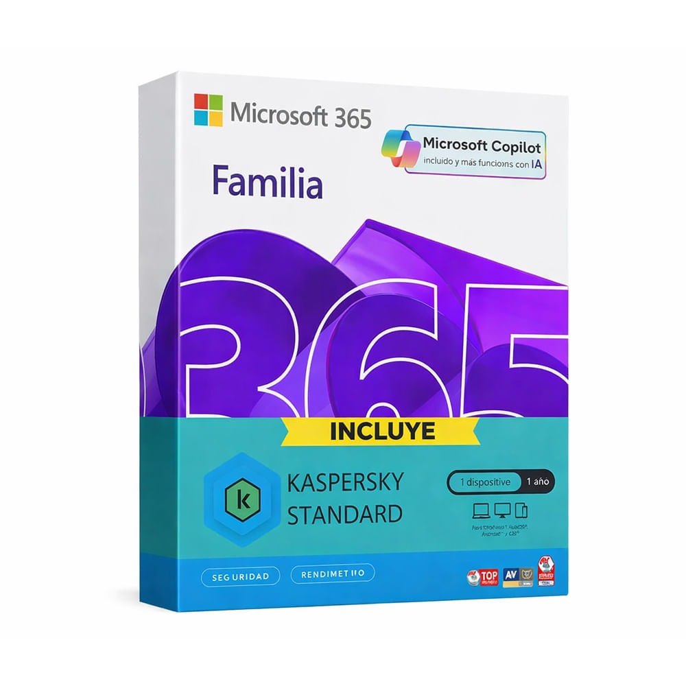 Licencia Microsoft 365 Familia IA Copilot Antivirus Kaspersky Standard 1 PC 12 meses