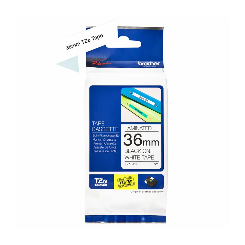 Cinta Brother TZE261 1.5"" (36MM) color negro sobre blanco