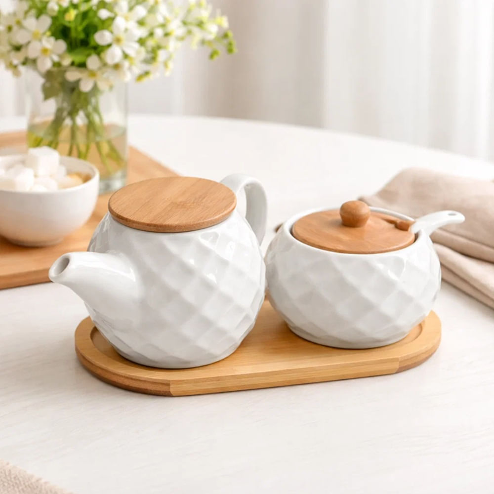 Set Lechera y Azucarera de Cerámica con Tapa de Bambú Mas Base