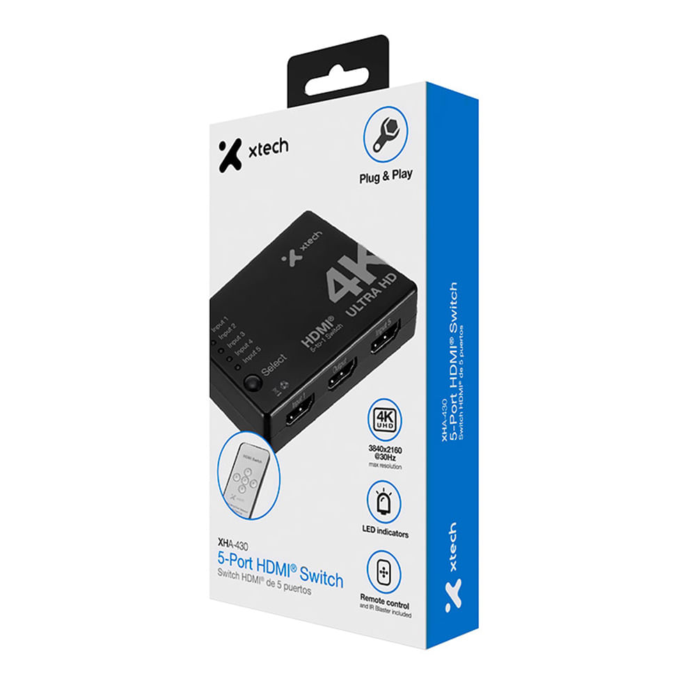 Switch HDMI Xtech XHA-430 4K UHD con control remoto