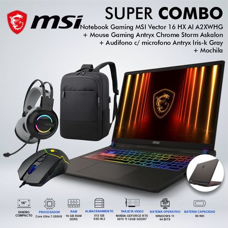 LAPTOP GAMING MSI VECTOR 16 HX AI A2XWHG CORE ULTRA 7-255HX MEMORIA 16GB DISCO 512GB  9S715M352085