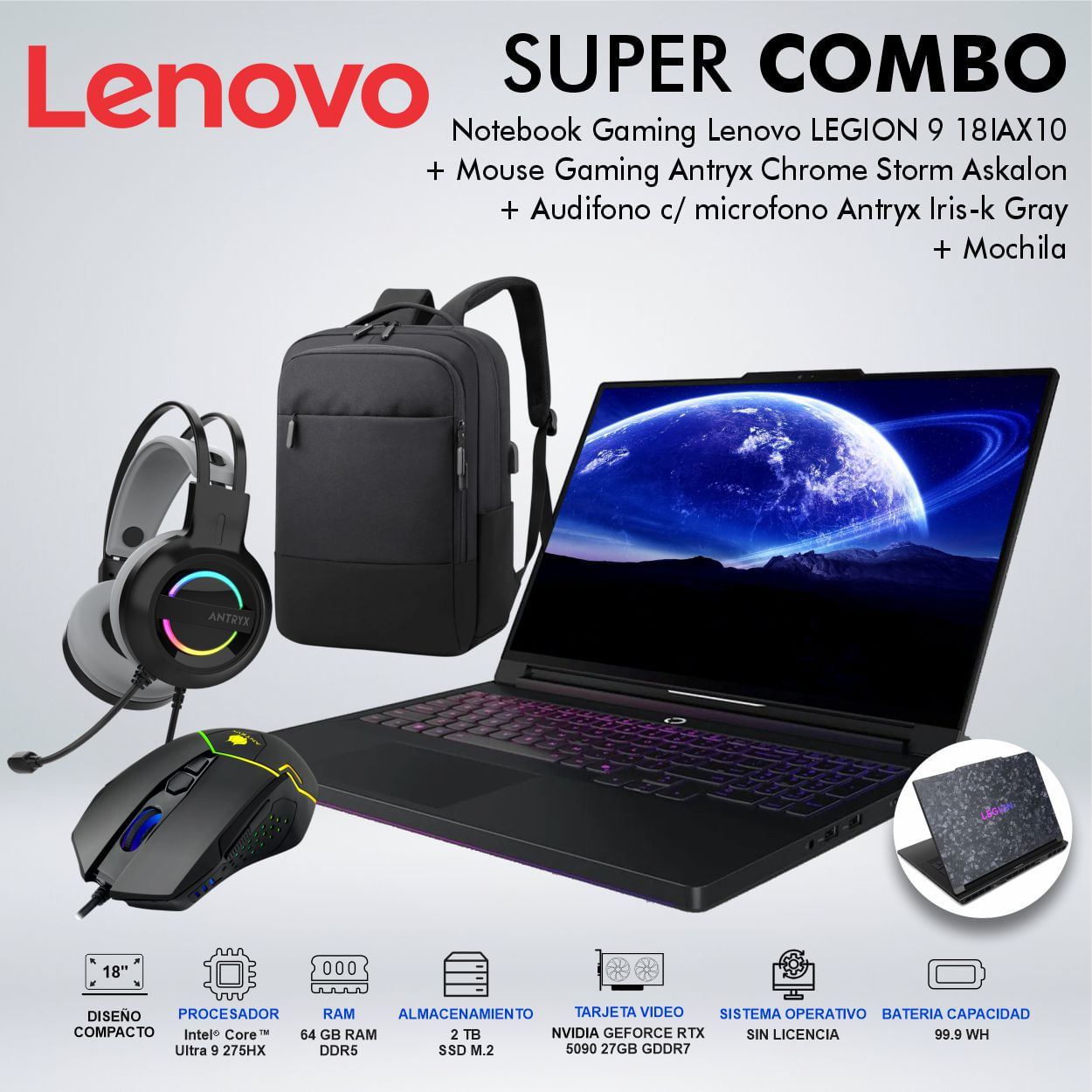 LAPTOP LENOVO LEGION 9 18IAX10 Ultra 9 275HX MEMORIA 64GB DISCO 2TB SSD M2  83EY000PLMCDSPE