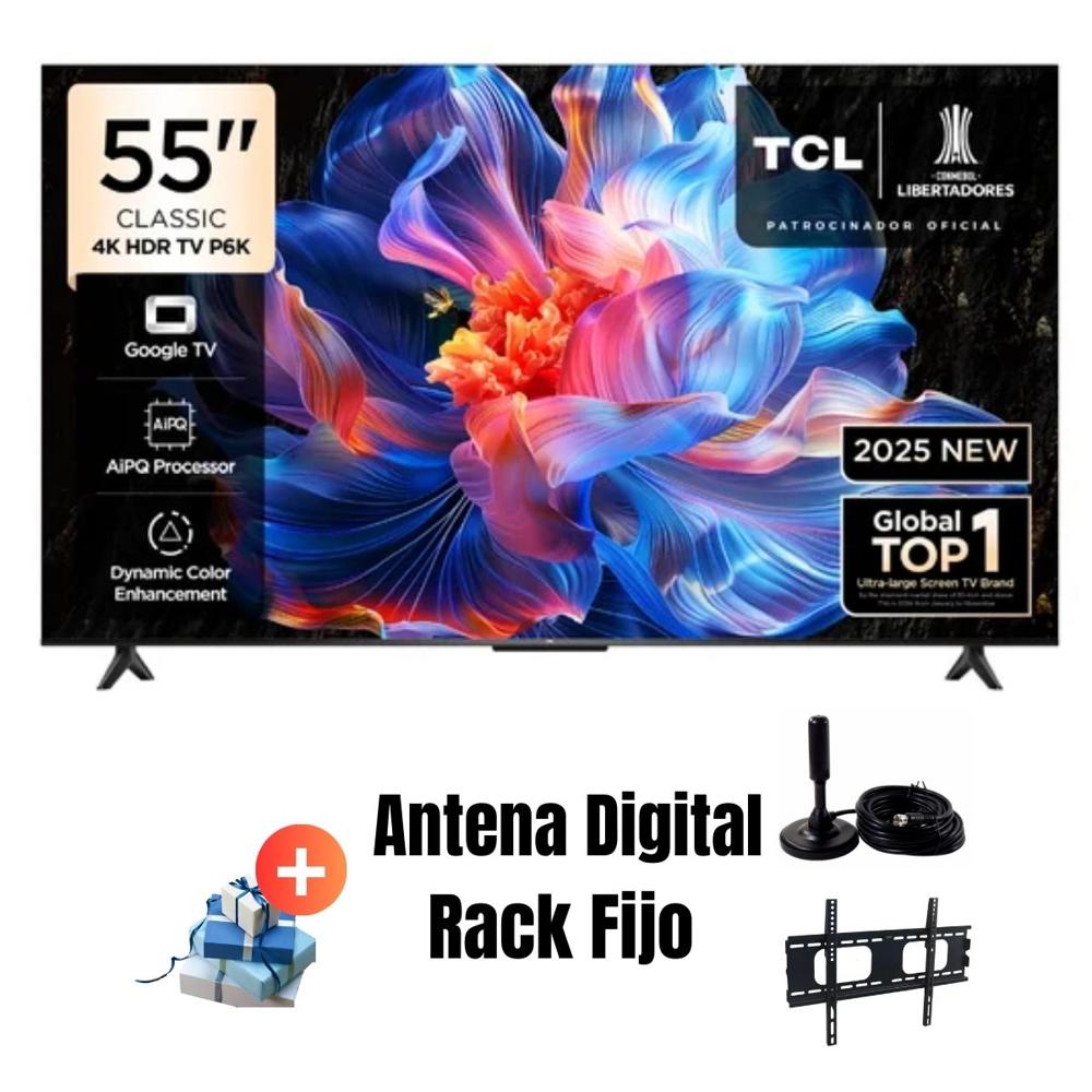 Televisor 55'' TCL UHD 4K 55P6K Google TV 2025 - Ant - Rack Fijo