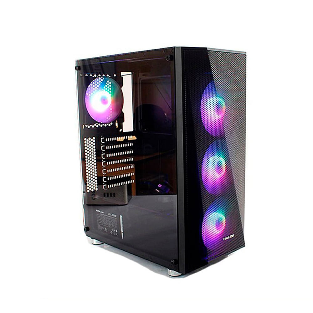 Caja gamer Halion Fury 500W panel vidrio LED RGB color negro