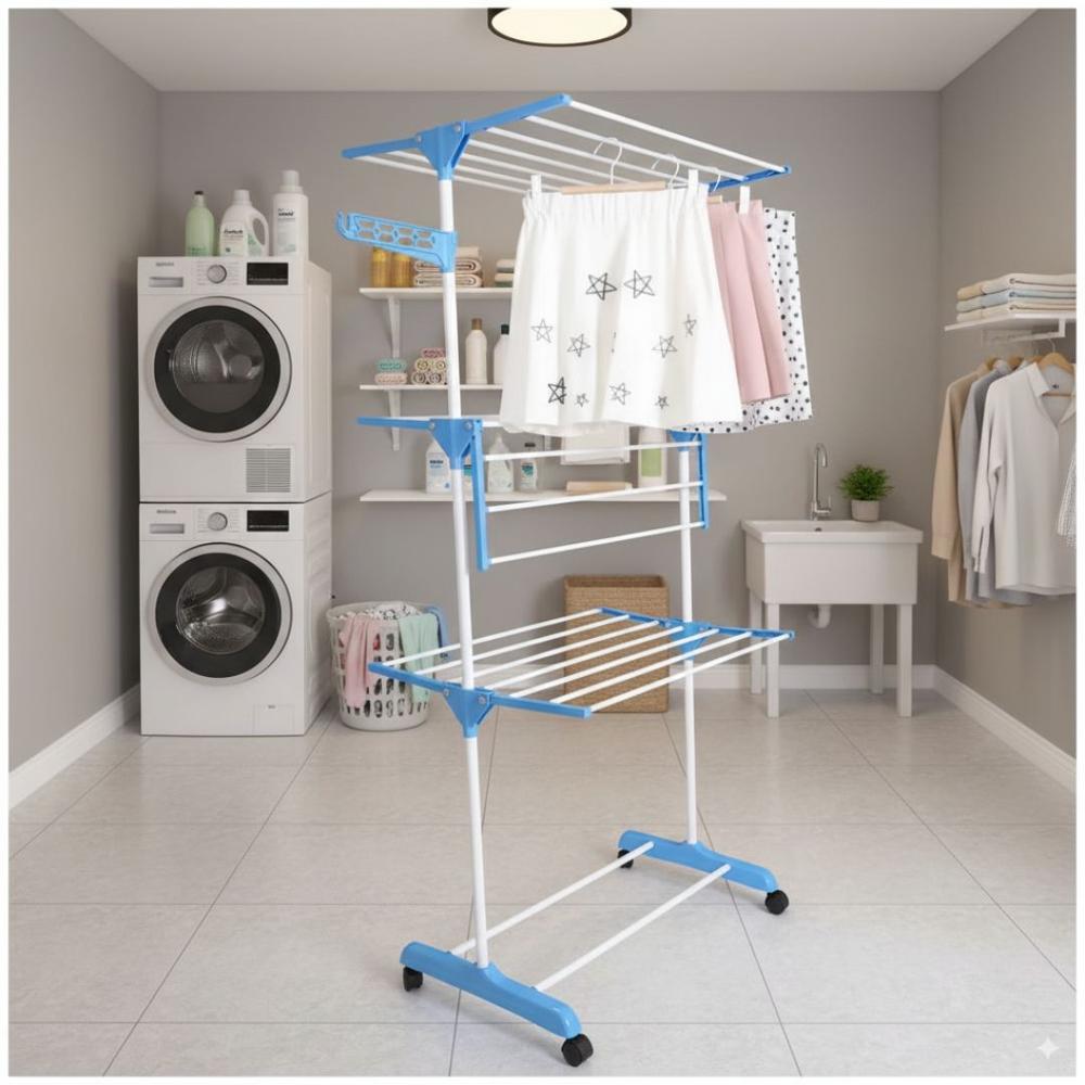 Tendedero de Ropa Multifuncional 4 Niveles Plegable con Ruedas Celeste