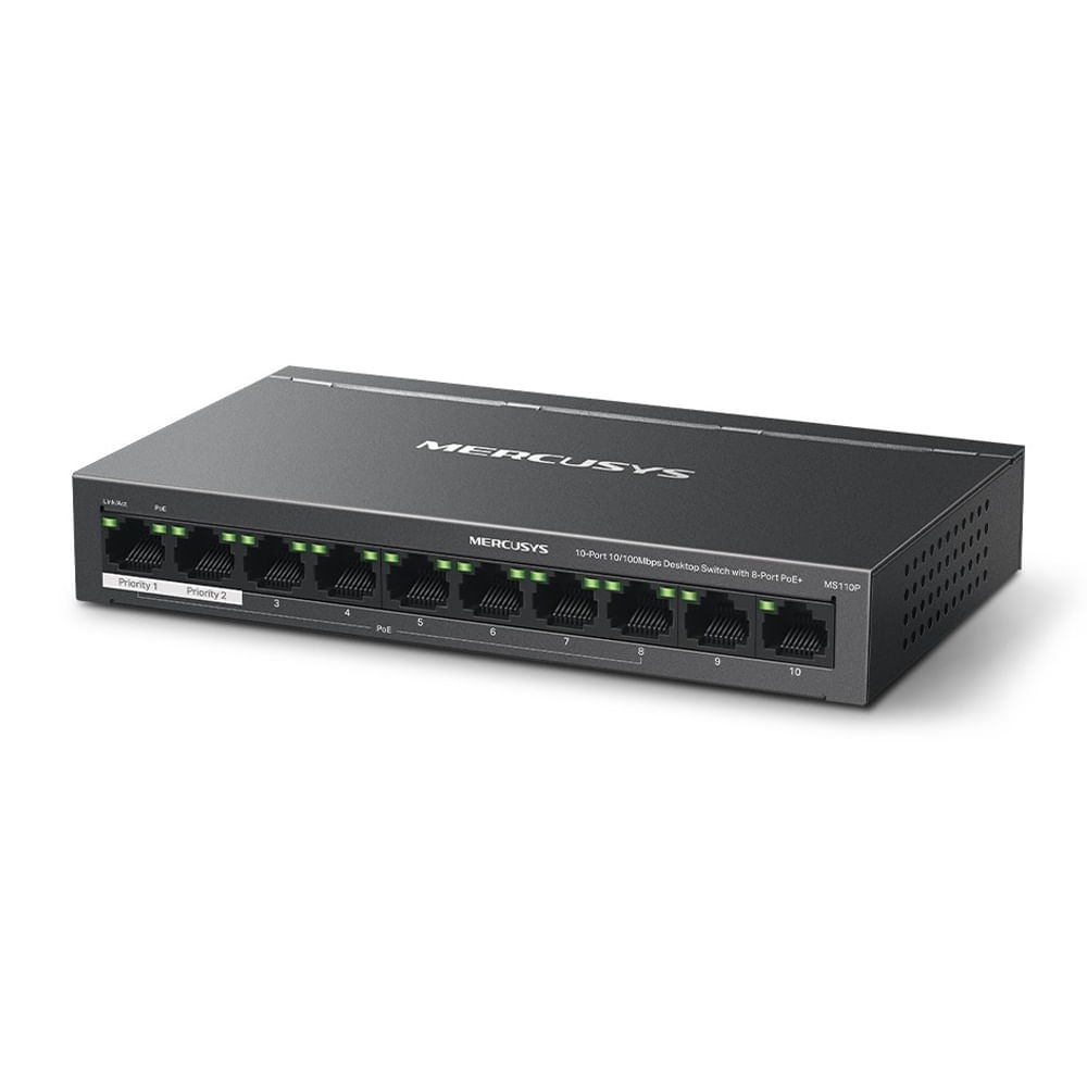 Conmutador Mercusys MS110P V1 10 Puertos 10/100 PoE+ 65W Sobremesa Montaje en Pared