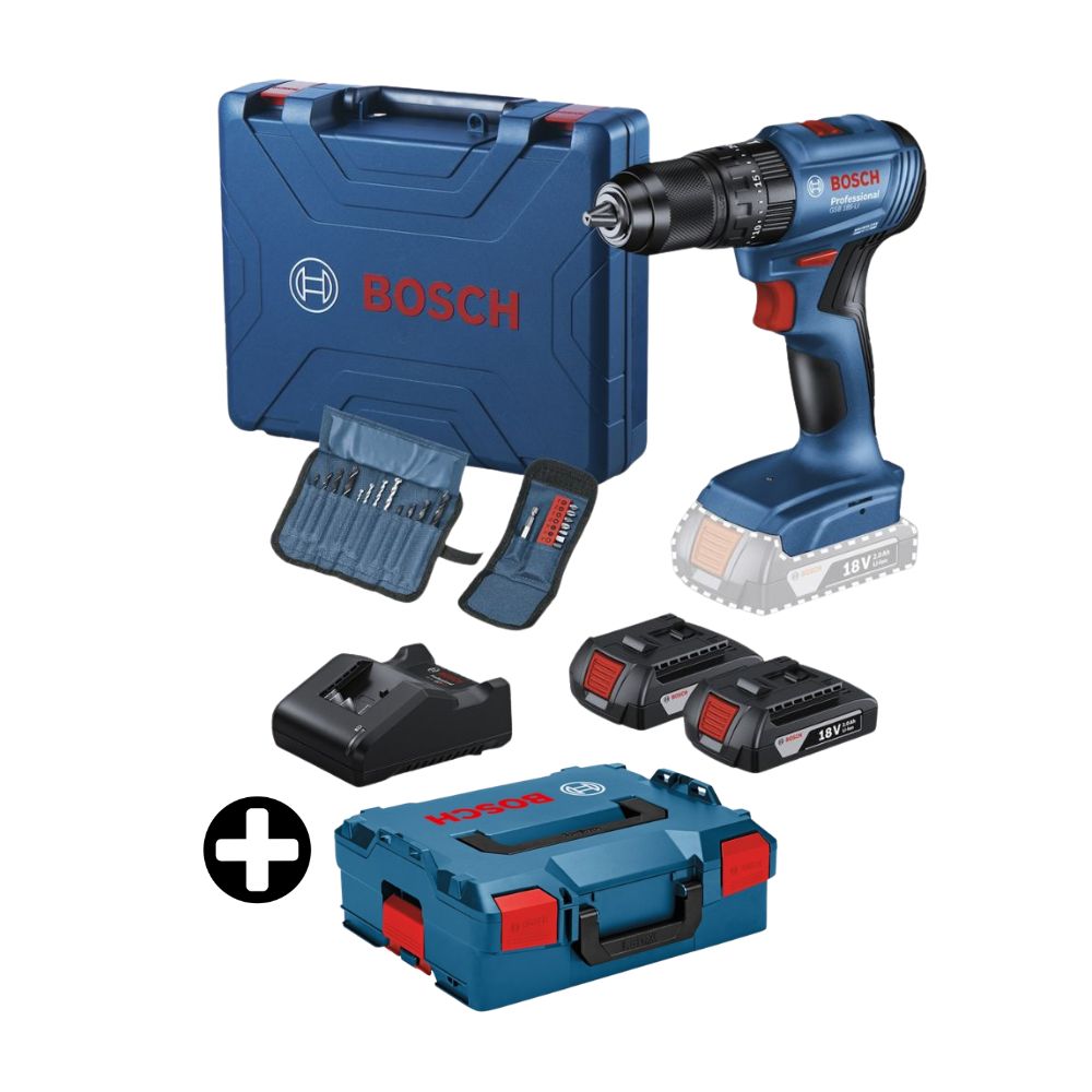 COMBO Taladro percutor 1/2" Bosch GSB 185-LI 18V 2 baterías, 23 accesorios y maletín + Caja de transporte Bosch L-boxx 136