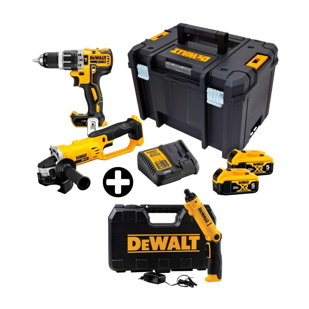 COMBO Atornillador 1/4" 8V + 45 Piezas DCF008-B2 + Taladro 1/2" 20V + Esmeril 4-1/2" 20V DCK209P2T Dewalt