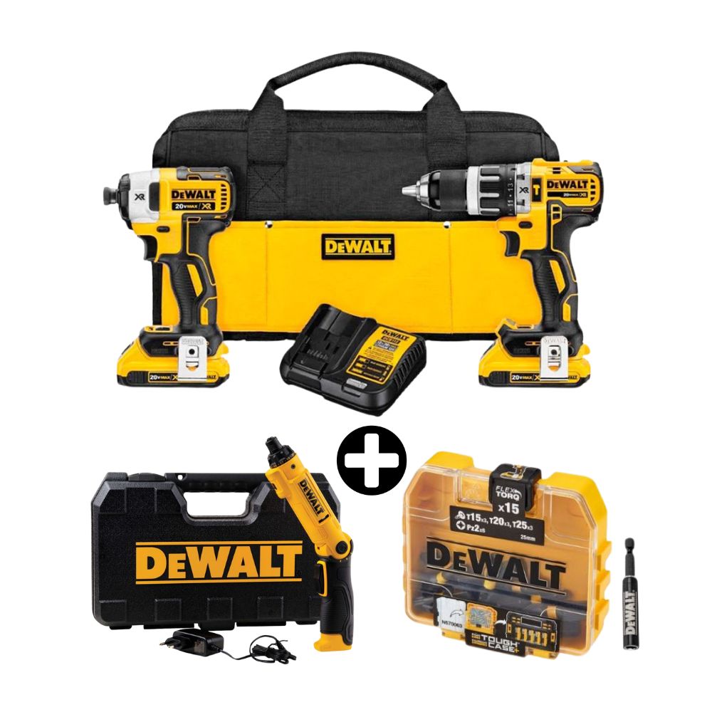COMBO Atornillador 1/4" 8V + 45 Piezas DCF008-B2 + Taladro 20V DCD796 + Atornillador DCF887 Dewalt