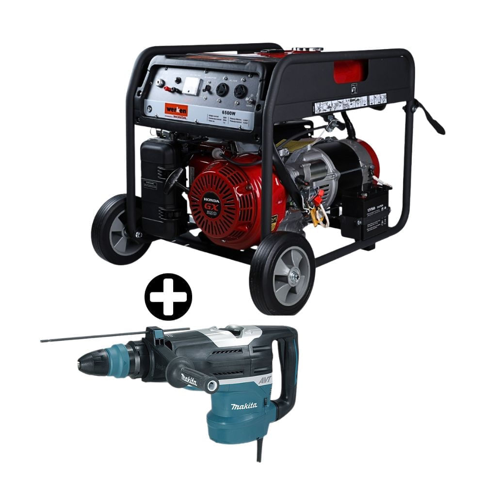 COMBO Martillo Perforador Makita AVTHR5212C 1510W 11.9kg + Generador de Energía Werken 6500W con Motor Honda GX390