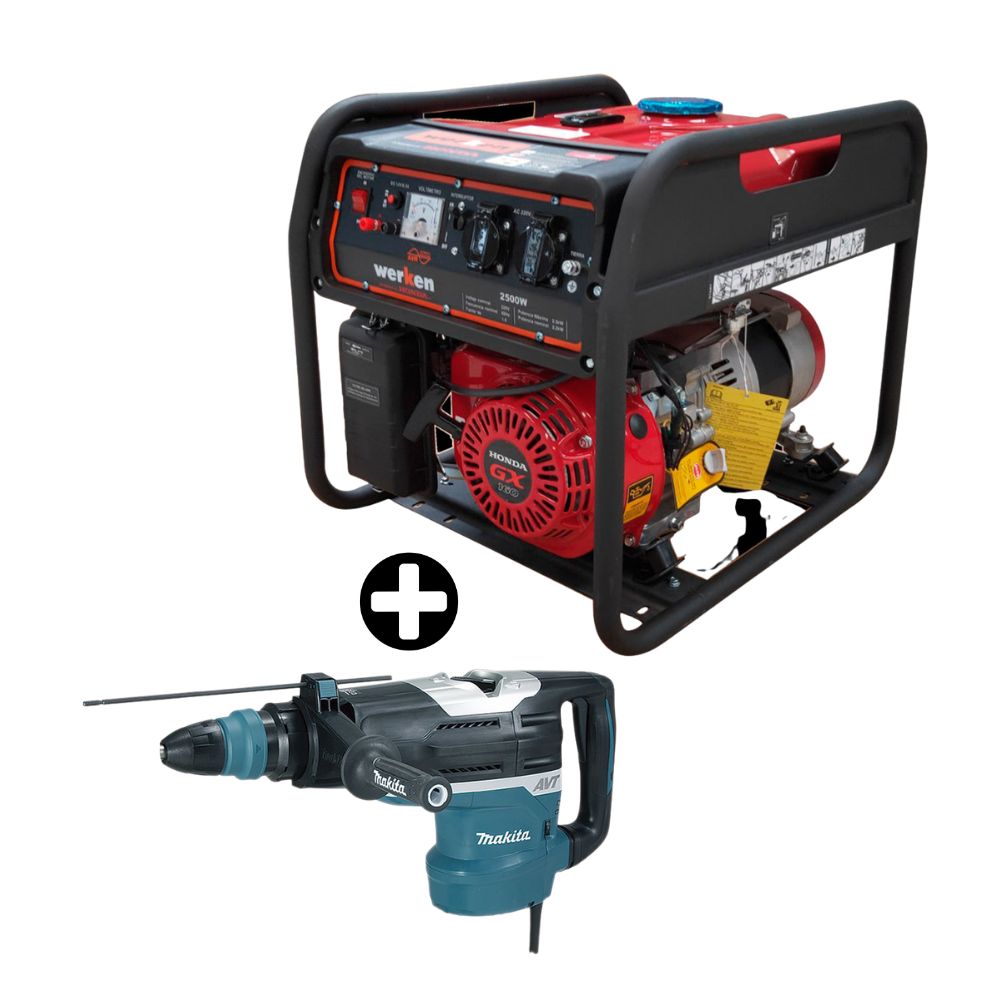 COMBO Martillo Perforador Makita AVTHR5212C 1510W 11.9kg + Generador Gasolina PR3000H Motor Honda 2500W Werken