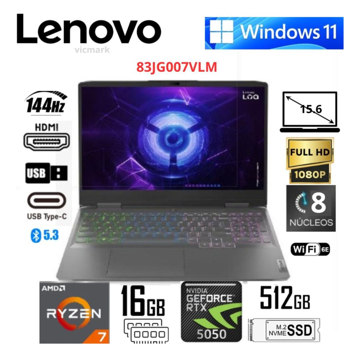 Laptop Gamer Lenovo LOQ 15AHP10 Ryzen 7-250 16GB 512GB SSD RTX 5050 8GB FHD 144Hz 83JG007VLM