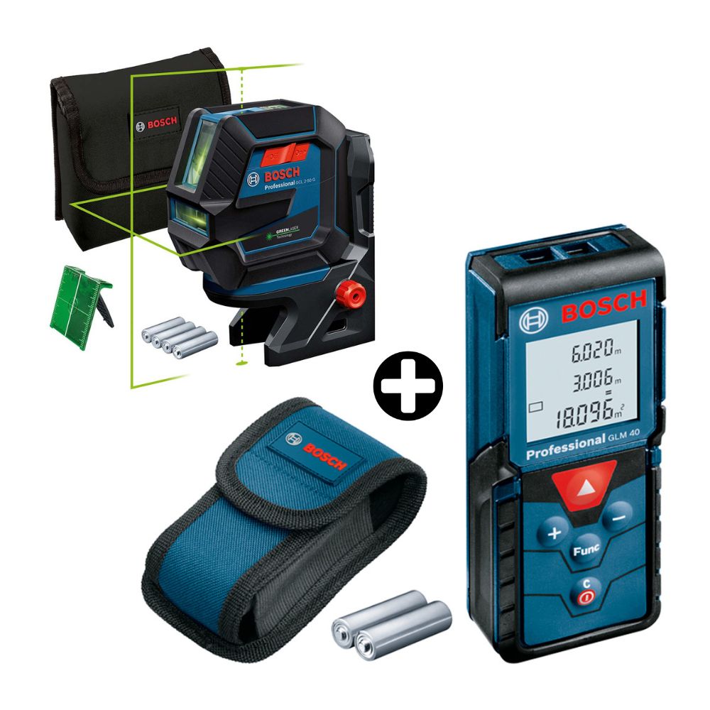 COMBO Bosch: Medidor Láser GLM40 Alcance 40m con Estuche + Nivel Láser GCL 250 G Verde Profesional