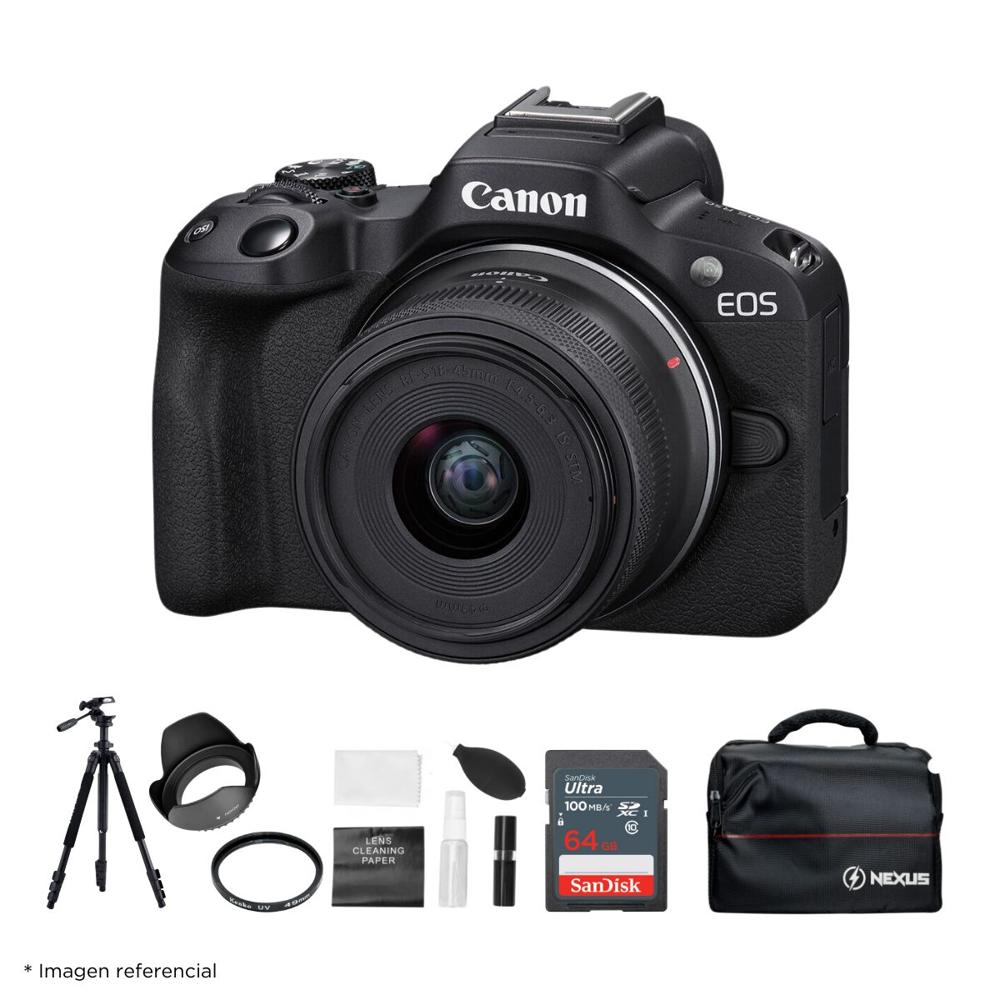Cámara Mirrorless EOS R50 Lente RF S 18 45mm y Kit Ultimate N
