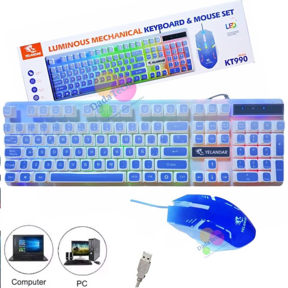 KIT TECLADO Y MOUSE  ALAMBRICO PARA PC LAPTOP AZUL  BLANCO KT990 LUZ RGB