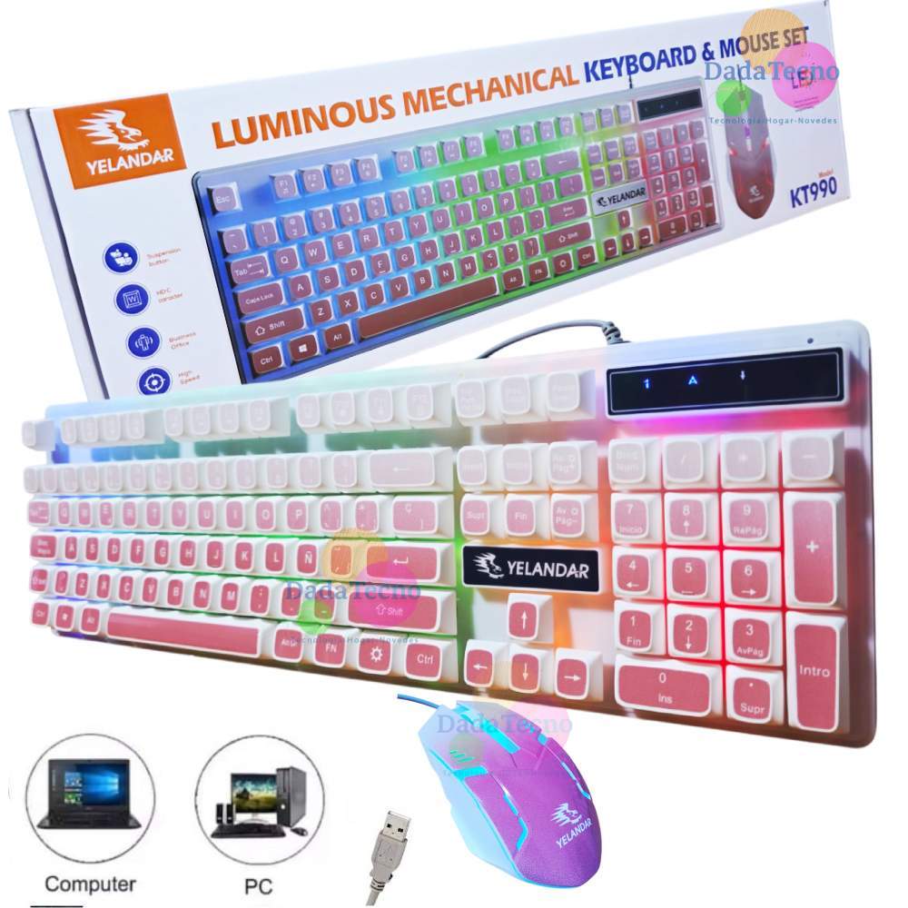 Kit Teclado y  Mouse Alámbrico Para PC Laptop Luz RGB  Blanco Rosado KT990