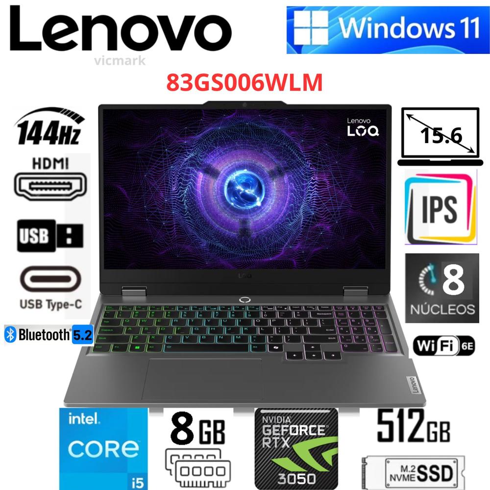 Laptop Gamer Lenovo LOQ 15IAX9 i5-12450HX RTX 3050 6GB 8GB RAM 512GB SSD 144Hz  FHD