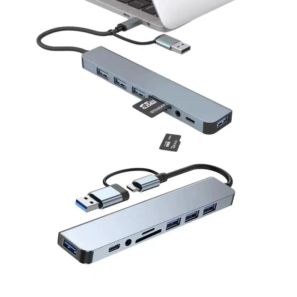 HUB 8 EN 1 DE ACERO DOBLE CONECTOR TYPE C y USB A LECTOR SD TF Y USB 3
