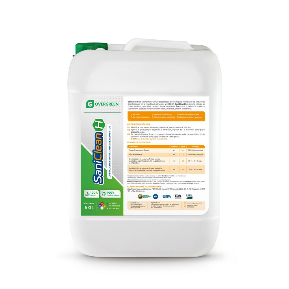SANICLEAN H - PRESENTACION BIDON 5 GL - DESENGRASANTE LIMPIADOR DESINFECANTE - FRUTAS - VERDURAS