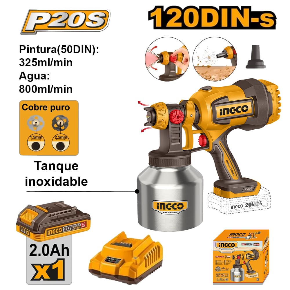 Pistola para Pintar Tanque Inoxidable 20V 800ML 120DIN-S con Batería 2.0AH con Cargador CSGLI20041