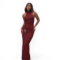 Vestido Halter Maxi Hilo Coqueta 463A-33 Color Vino