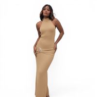 Vestido Halter Maxi Hilo Coqueta 463A-33 Color Beige