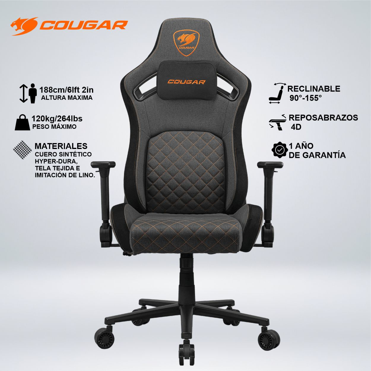 SILLA GAMER COUGAR DEFENSOR GRAY F TEJIDO INCLINA 155 GRADOS LUMBAR - CUELLO