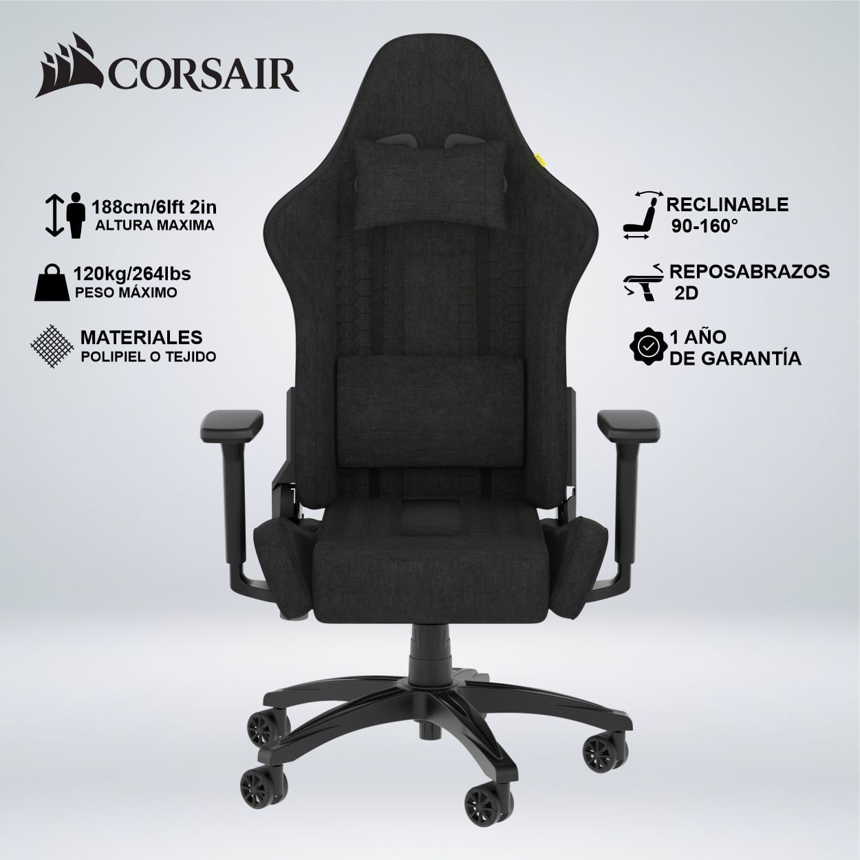 SILLA GAMER CORSAIR TC100 RELAXED TELA 2 COJINES RECLINA 160 GRADOS NEGRO