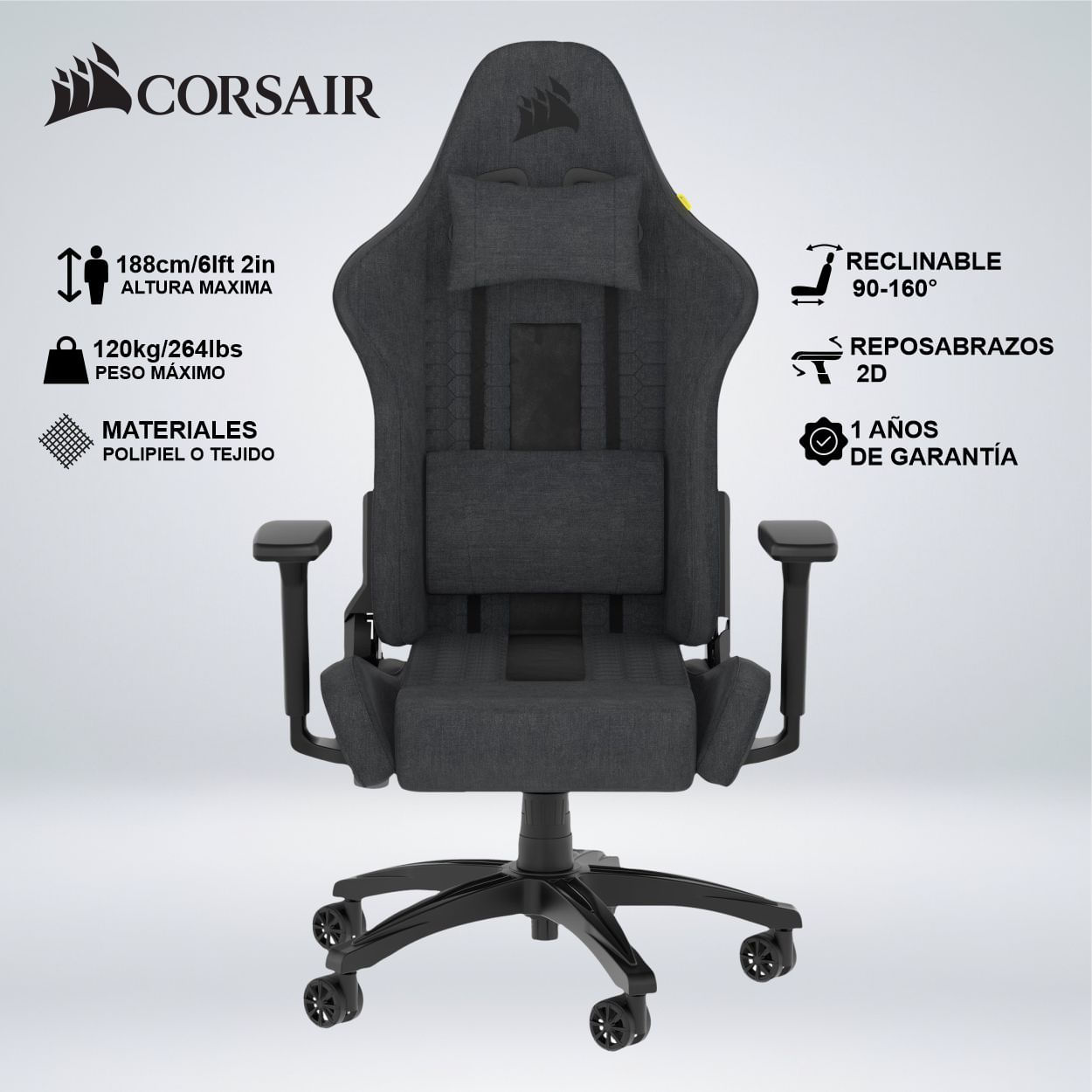 SILLA GAMER CORSAIR TC100 RELAXED TELA 2 COJINES RECLINA 160 GRADOS