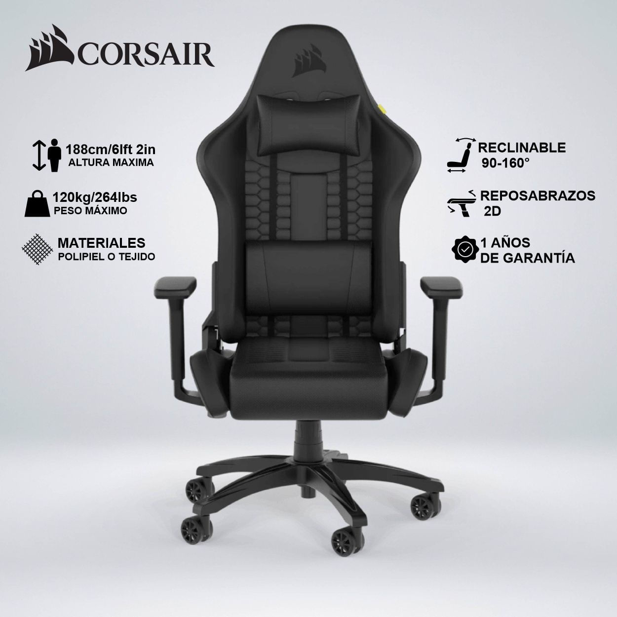 SILLA GAMER CORSAIR TC100 RELAXED LEATHERETTE 2 COJINES RECLINA 160 GRADOS