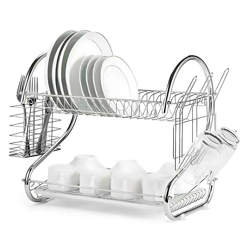 Escurridor de Platos Vajilla 2 Niveles de Acero Cromado con Soporte para Cubiertos y Vasos