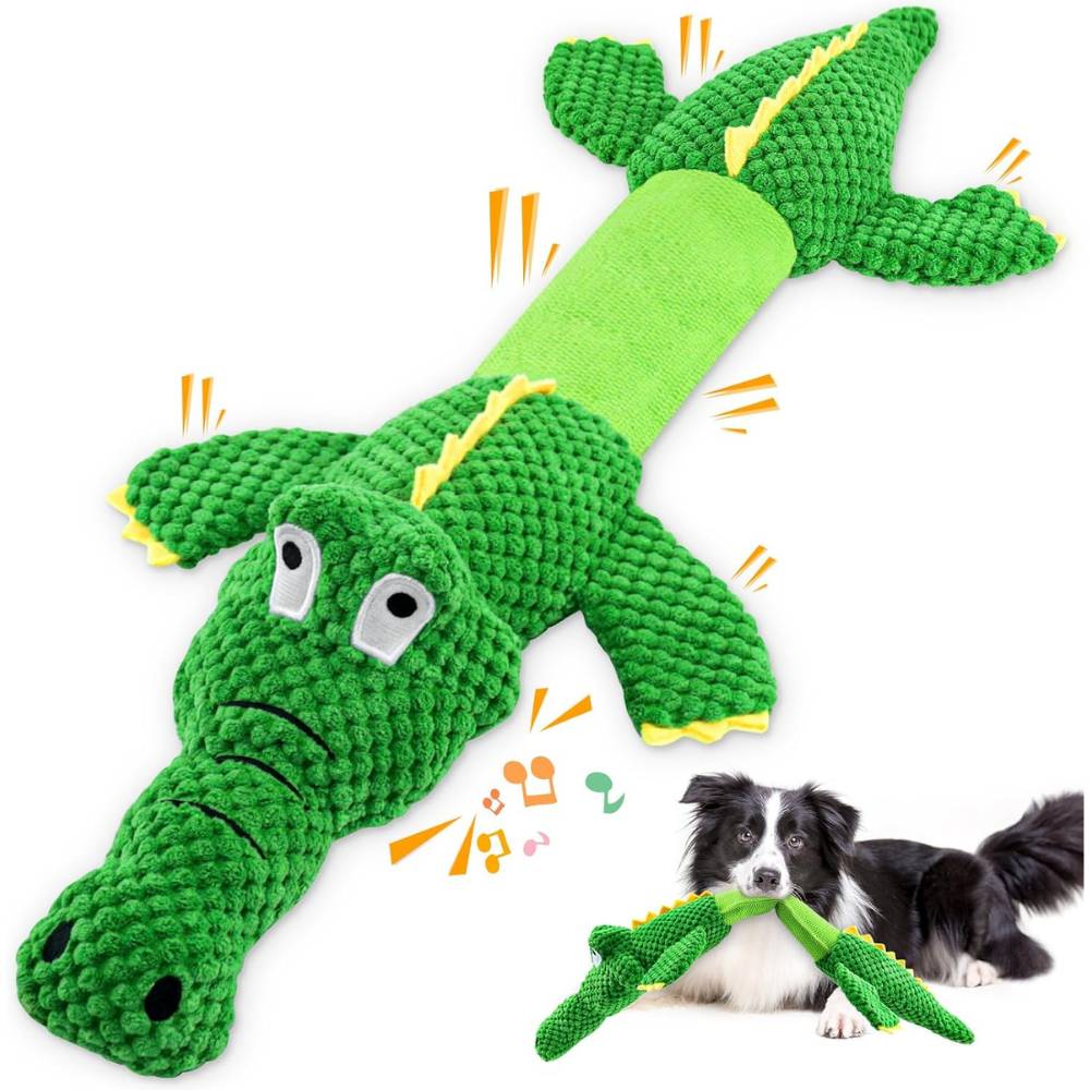 Peluche con Sonido para Perros de Todos los Tamaños Juguete Interactivo Masticable Cocodrilo Verde