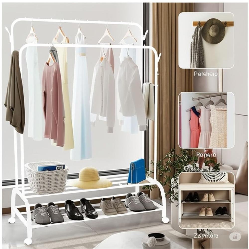 Colgador Perchero de Metal con Ruedas con Doble Organizador y Doble Repisa 160x110x56cm Blanco