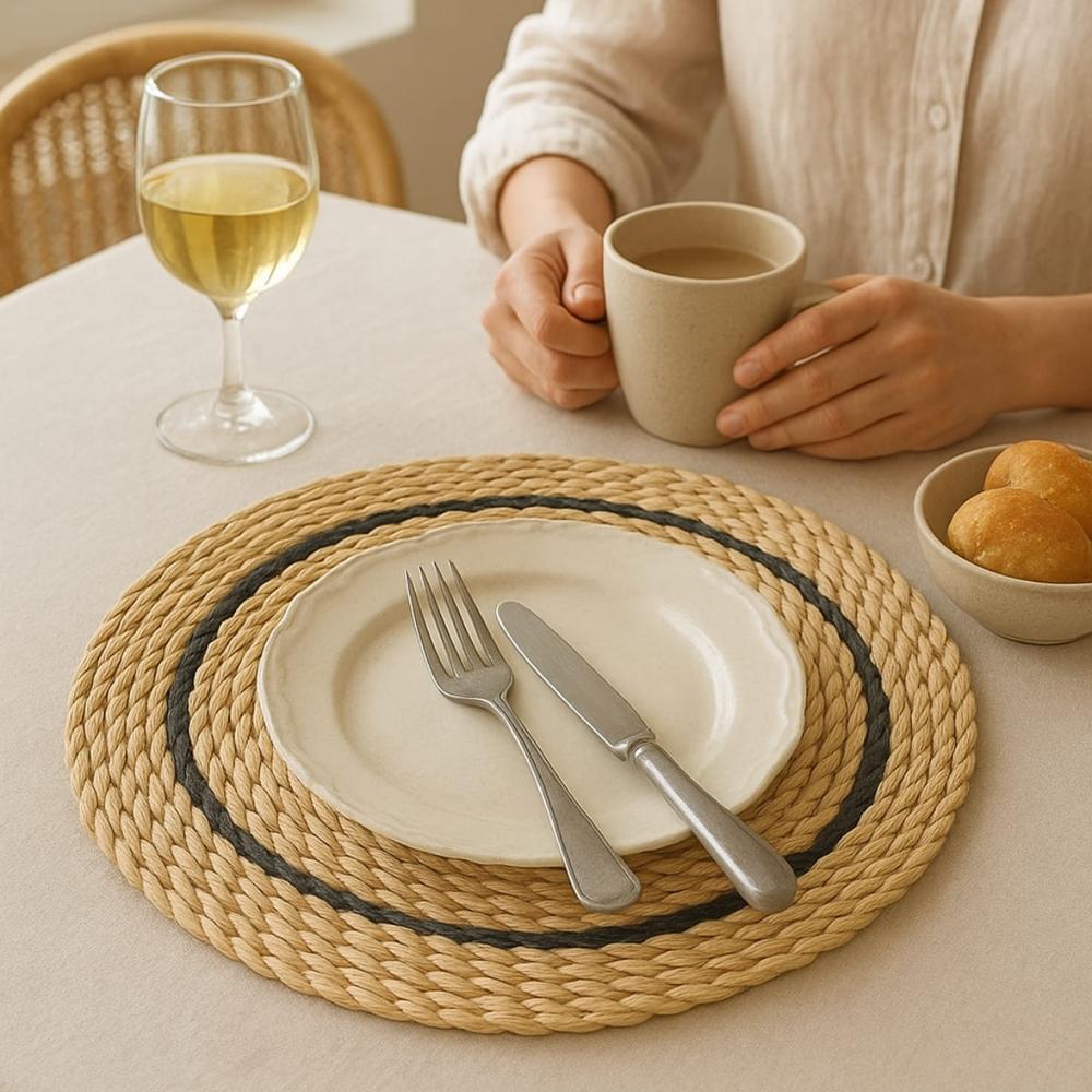 Individual Redondo de Fibra Natural para Mesa Lineas Negras 52LN11