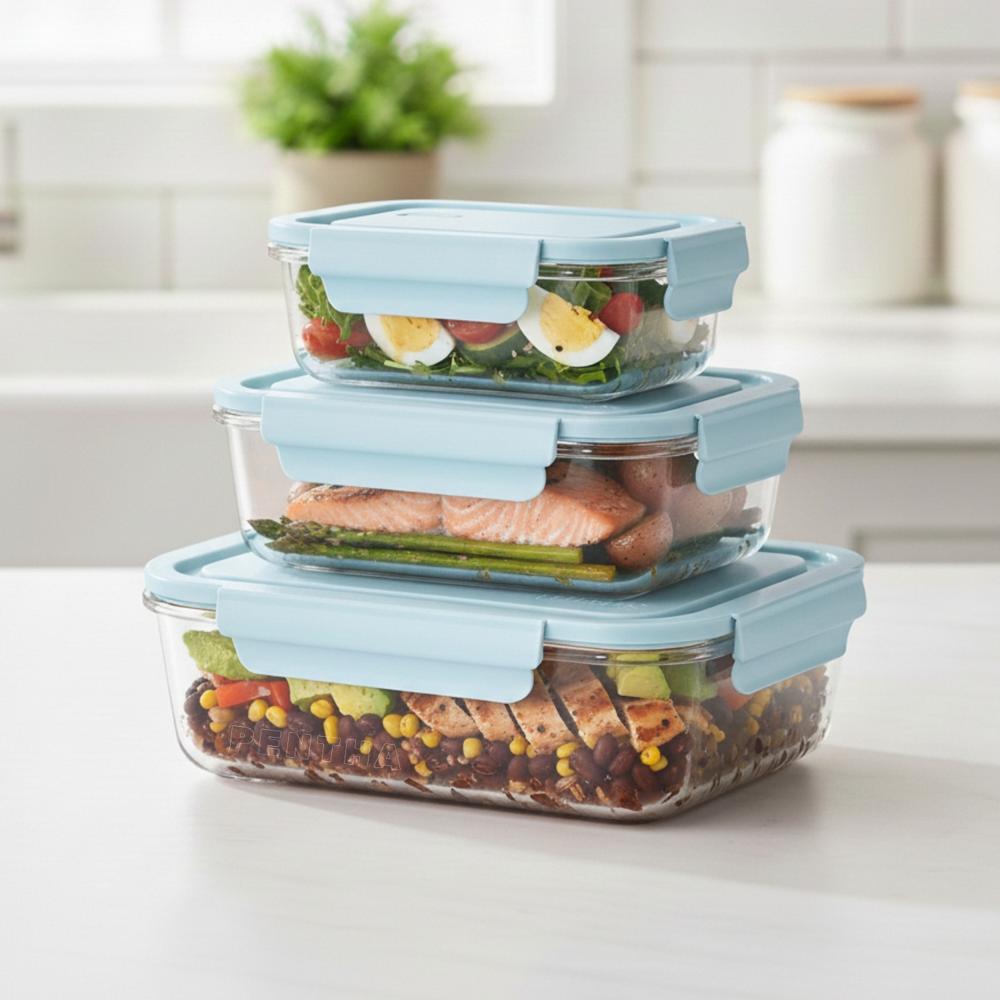 Set 3 Tapers Herméticos De Vidrio Con Tapa - Azul