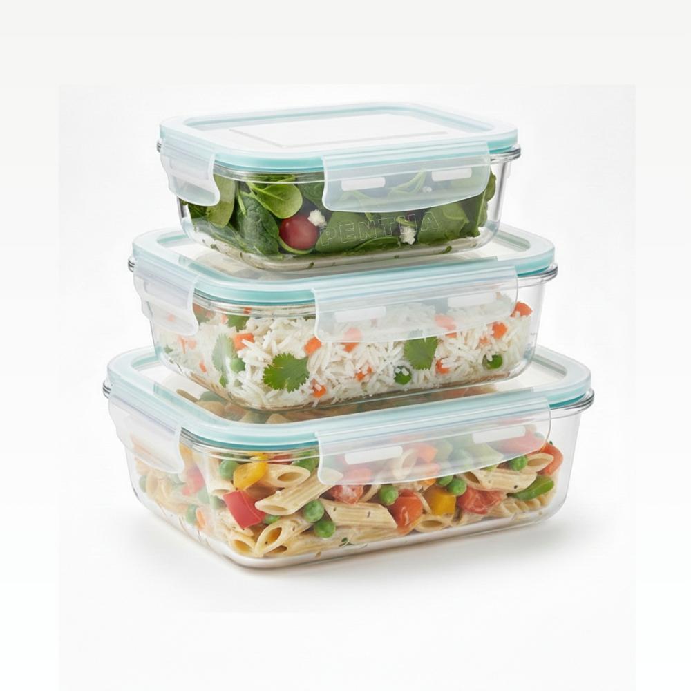 Set 3 Tapers Herméticos De Vidrio Con Tapa - Verde Agua