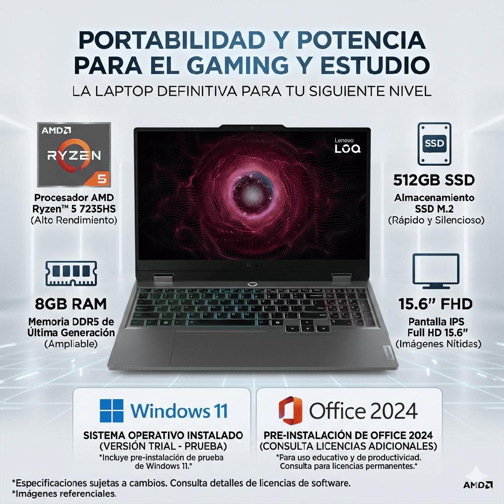 LAPTOP GAMER LENOVO LOQ 15.6 FHD AMD RYZEN 5 7235HS-8GB RAM 512GB SSD-NVIDIA GEFORCE RTX 3050 6GB