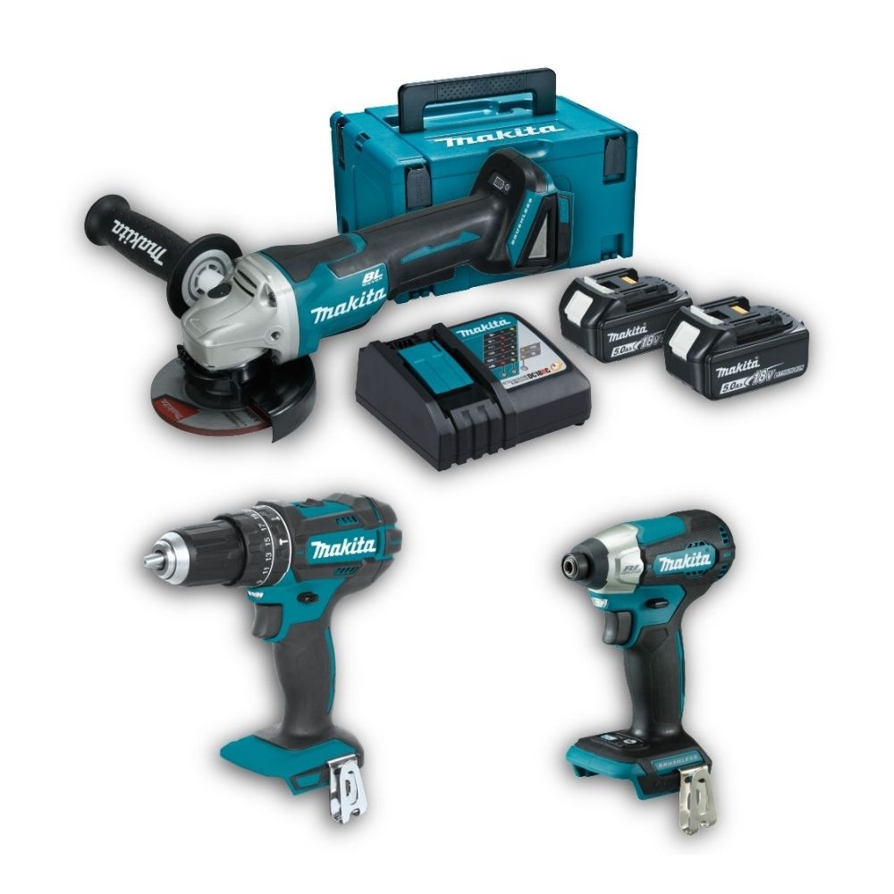 Combo Makita: Taladro Percutor + Atornillador + Esmeril Angular + 2 Baterias 5Ah + Cargador