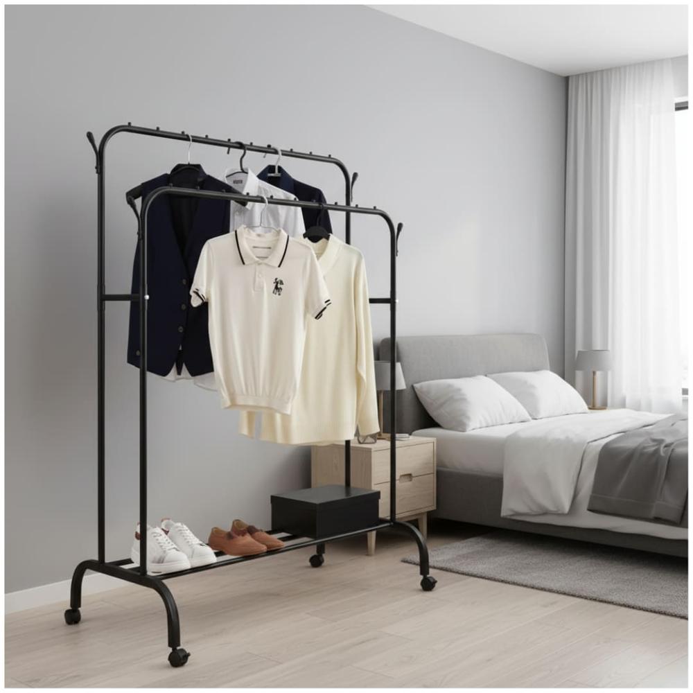 Colgador Perchero Organizador de Ropa Doble Barra de Metal con Ruedas 150x110x57cm Negro