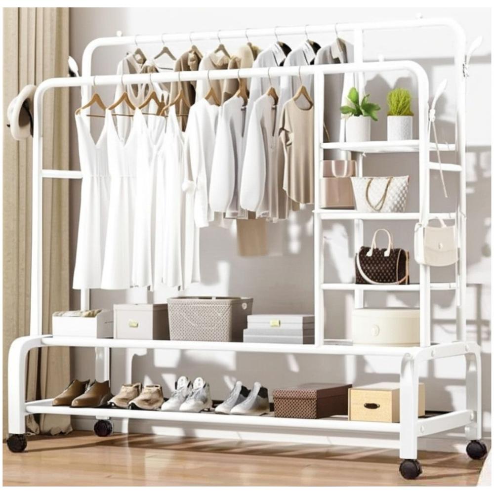 Colgador Perchero de Metal con Ruedas con Doble Barra y 6 Repisas 160x110x55cm Blanco
