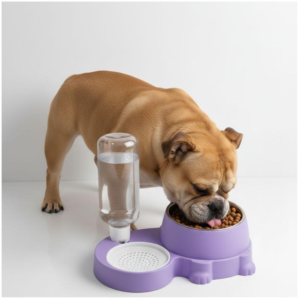 Comedero y Bebedero 2 en 1 con Dispensador de Agua para Mascotas Perro Gato Morado