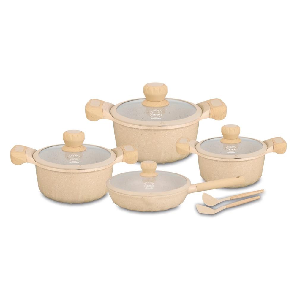 Juego de Ollas de Roca Volcánica Valeska 10pzs Crema