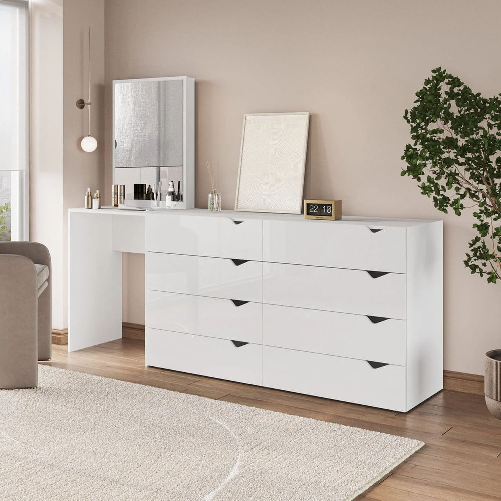 Cómoda con Tocador Moderno Maple 8 Cajones Blanco RR MUEBLES
