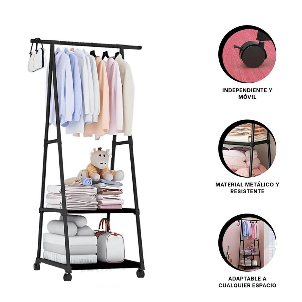 Colgador Perchero de Metal Organizador de Ropa Triangular con Ruedas Negro