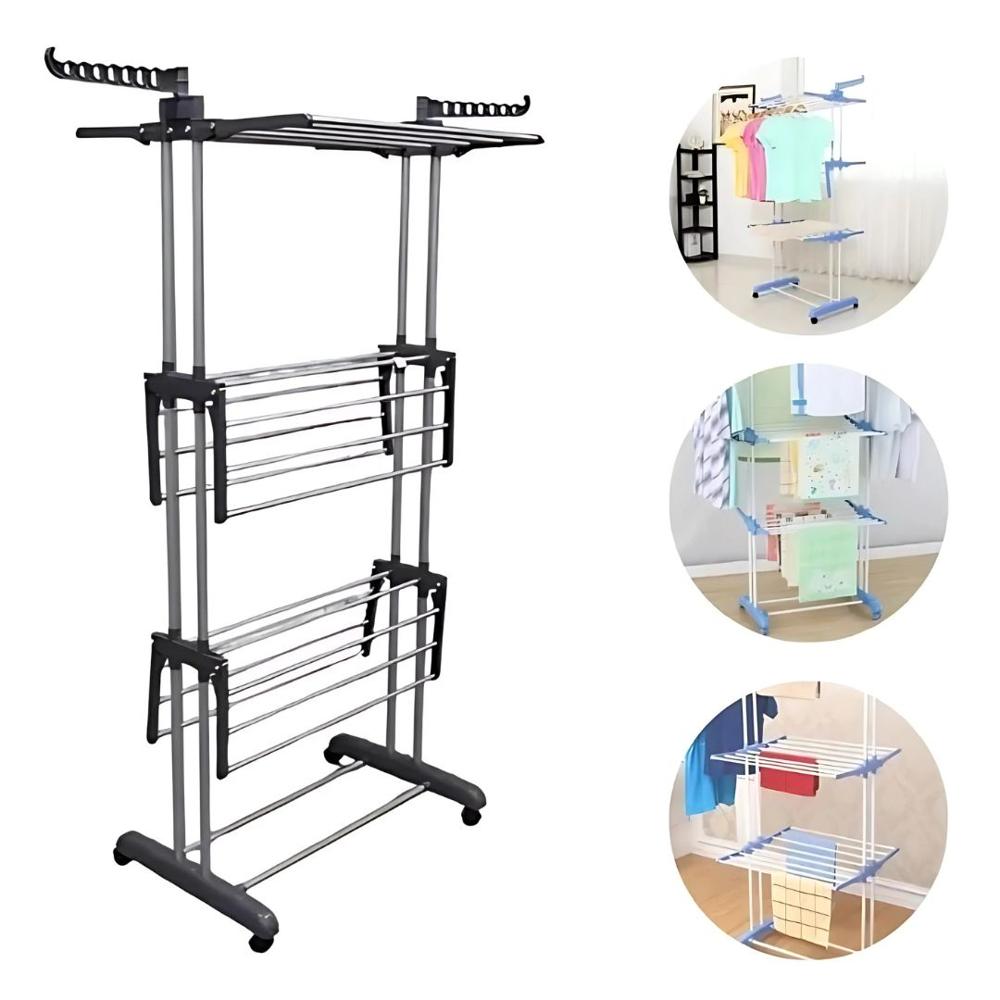 Tendedero de Ropa de 4 Niveles Plegable con Ruedas Negro
